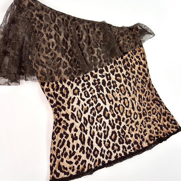 y2k D&G one shoulder leopard print top, lace overlay - Picture 5 of 6